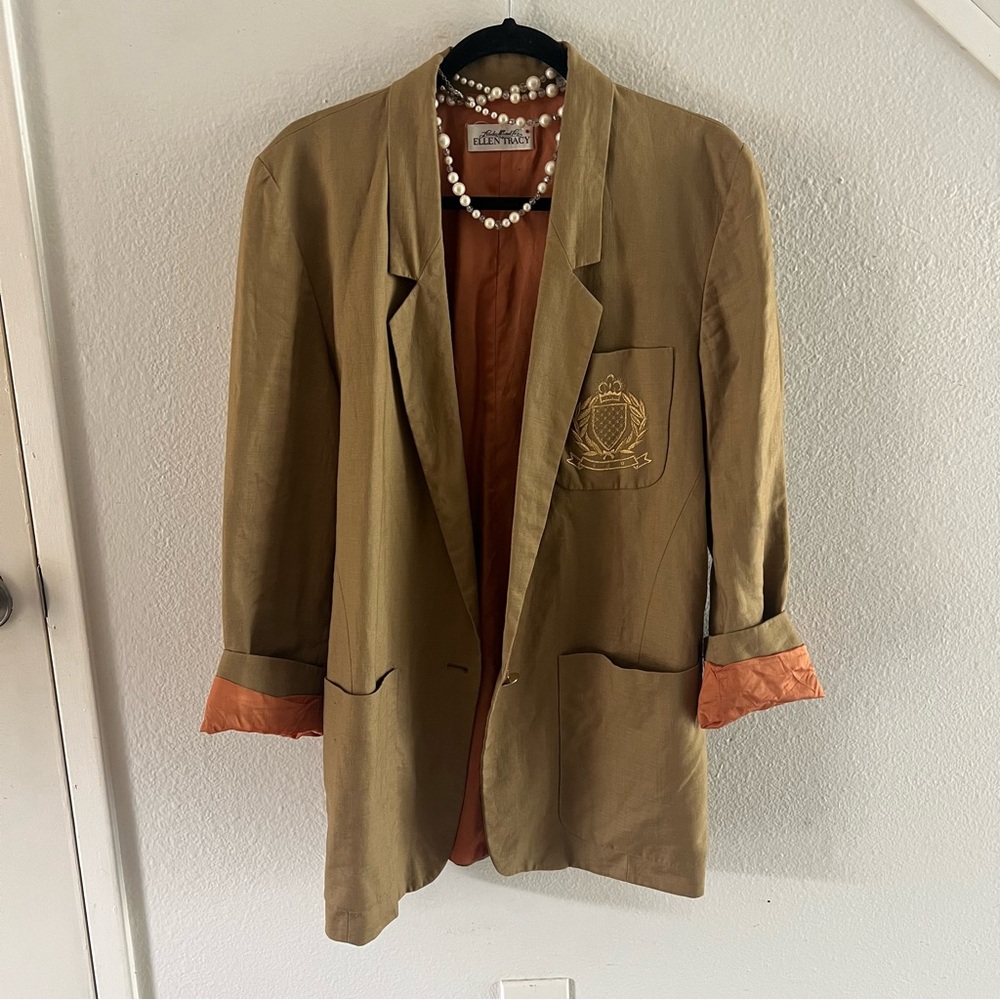 Vintage Olive Blazer with Embroidered Crest